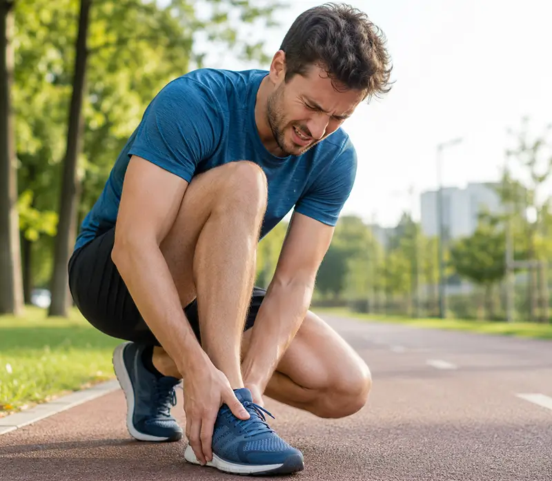 Läuferin fasst sich beim Joggen an den schmerzenden Fuss